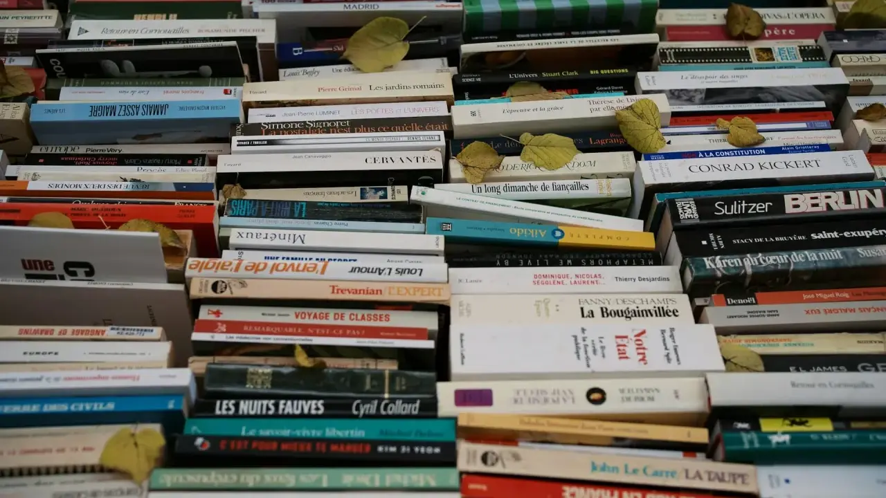 Une pile de livres anciens, certains jaunis par le temps. On peut y lire des titres comme "La nuit à Paris" ou "Le savoir-vivre libertin". L'image invite à interagir avec la conjugaison des mots et des histoires.