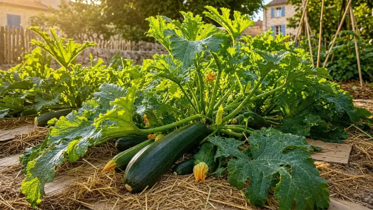 Courgettes vertes mûres sur un lit de paille, avec des fleurs jaunes et des feuilles luxuriantes. La courgette en pot est prête à être récoltée.