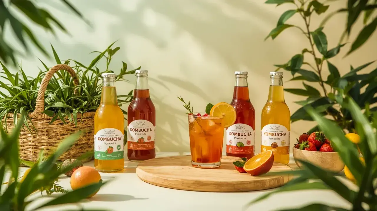 Butelki kombuchy i szklanka z napojem, otoczone owocami i zielenią. Odkryj kombucha właściwości dla zdrowia.