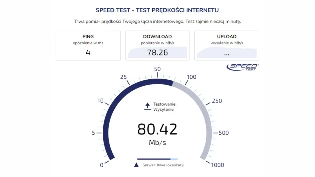 Wynik testu prędkości internetu: ping 4 ms, pobieranie 78.26 Mb/s, wysyłanie 80.42 Mb/s.