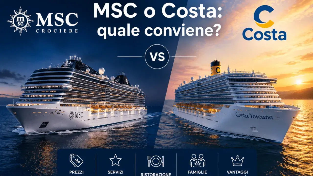 Confronto tra MSC e Costa per le migliori crociere. Due navi maestose, un mare di opzioni per prezzi, servizi, ristorazione e divertimento.
