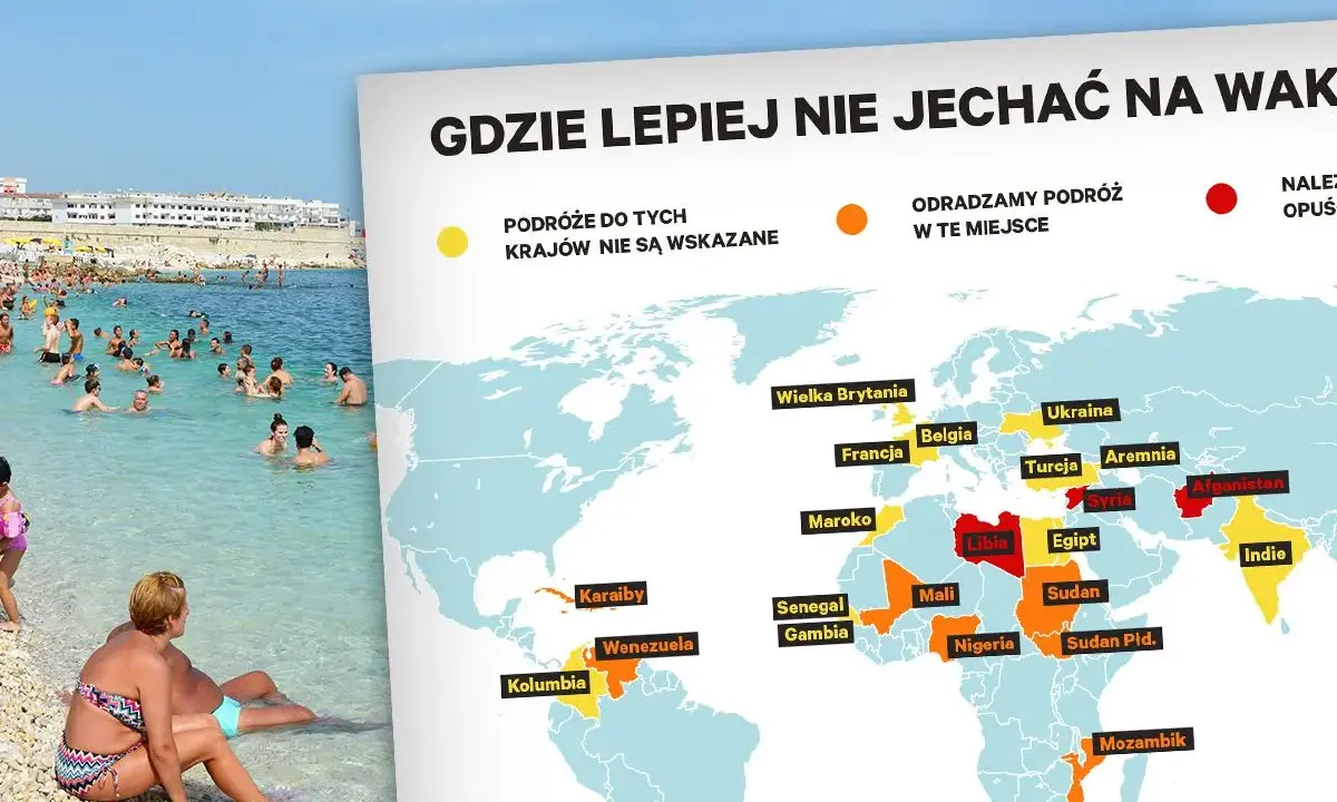 Mapa świata z zaznaczonymi krajami, gdzie odradzane są wakacje. W tle plaża z ludźmi. Szukasz fajnych miejsc na wakacje za granicą? Sprawdź, gdzie lepiej nie jechać.