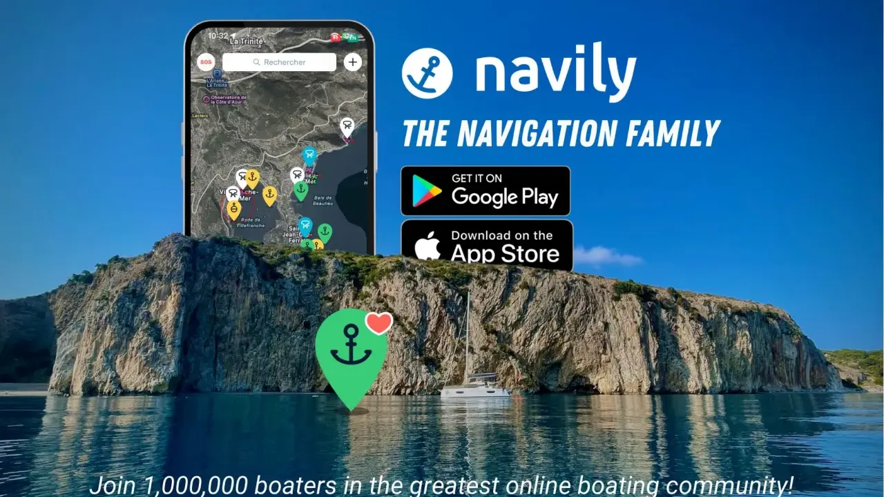 Application de navigation bateau Navily sur un smartphone, avec une carte marine affichant des points d'intérêt.