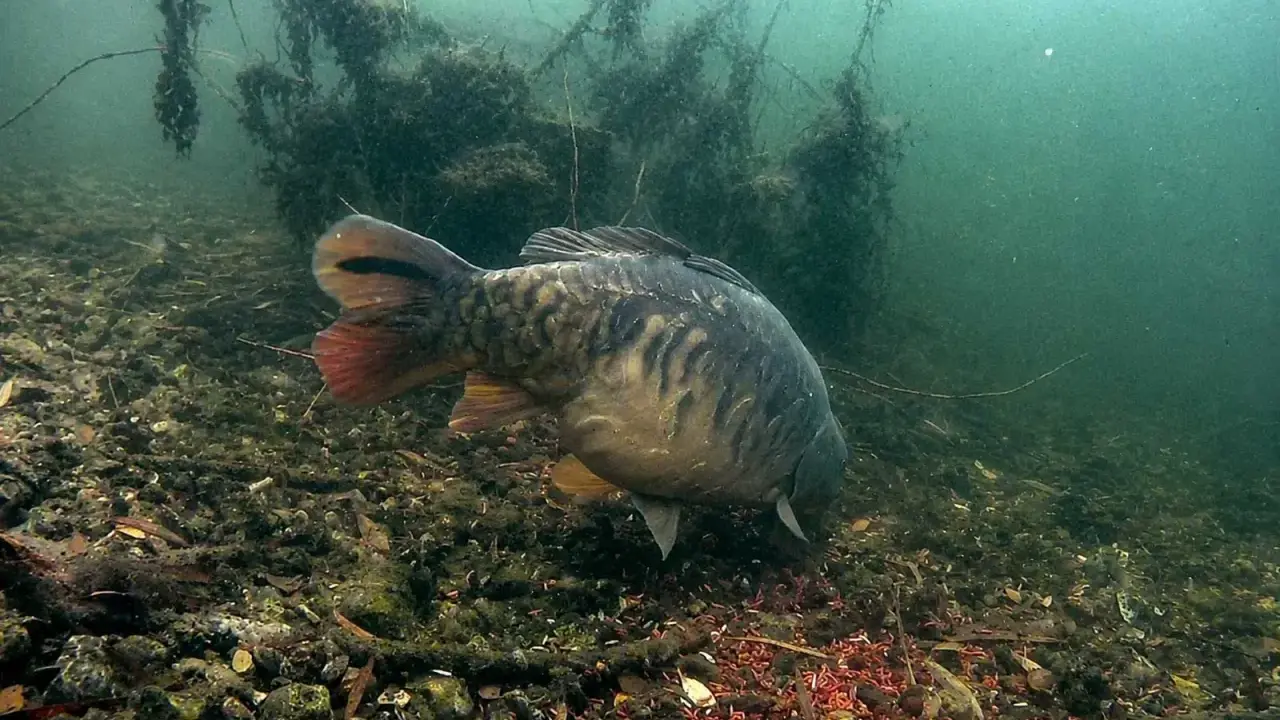 Karp żeruje na dnie, gdzie czerwone larwy stanowią naturalne atraktory. Pod wodą widać zarośla i kamienie.