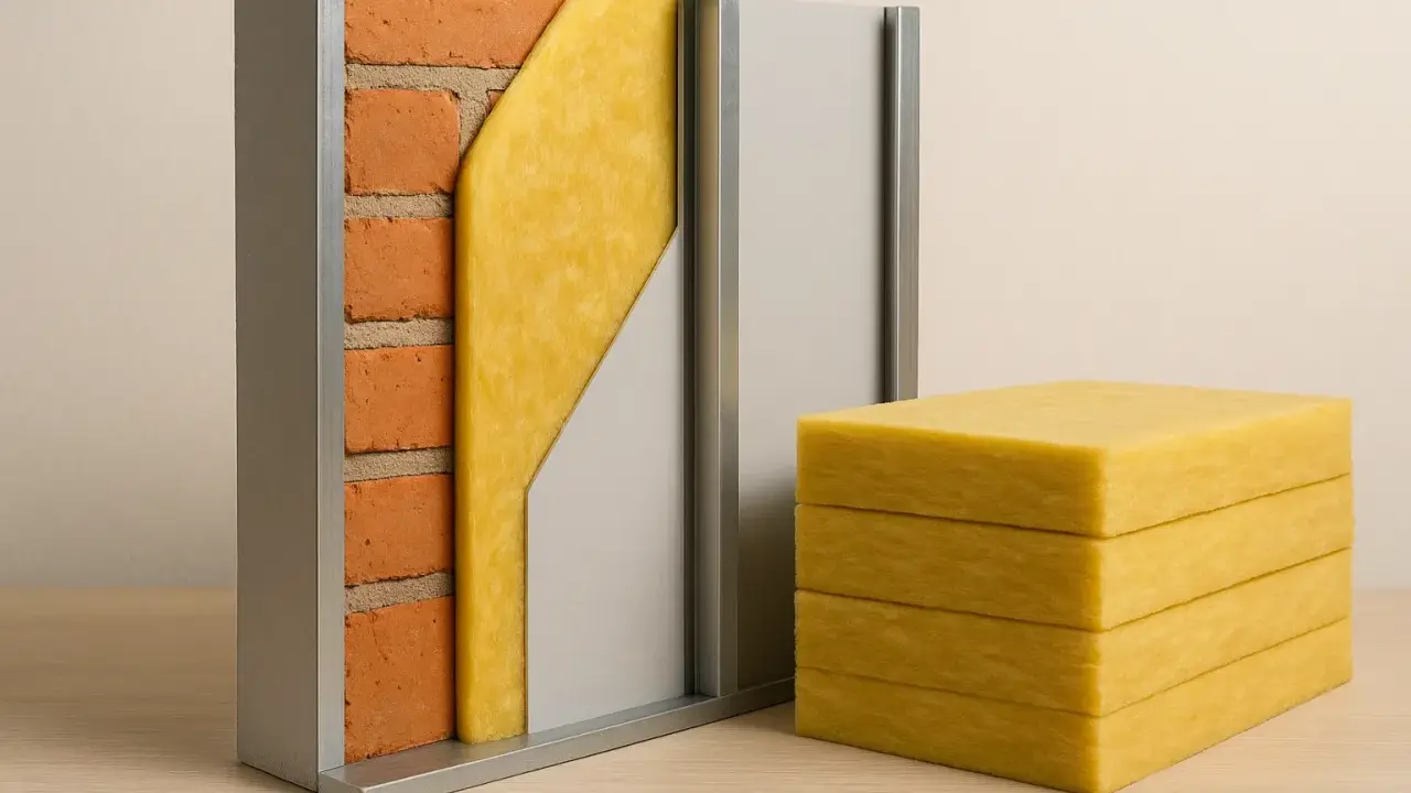 Sección de muro con ladrillos, aislamiento amarillo y panel gris. Bloques de aislamiento apilados, prometiendo un **cristal silence** en el hogar.