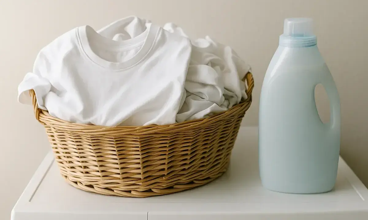 Cesta de ropa blanca lista para lavar. Detergente al lado, ideal para saber como lavar lino y mantenerlo impecable.