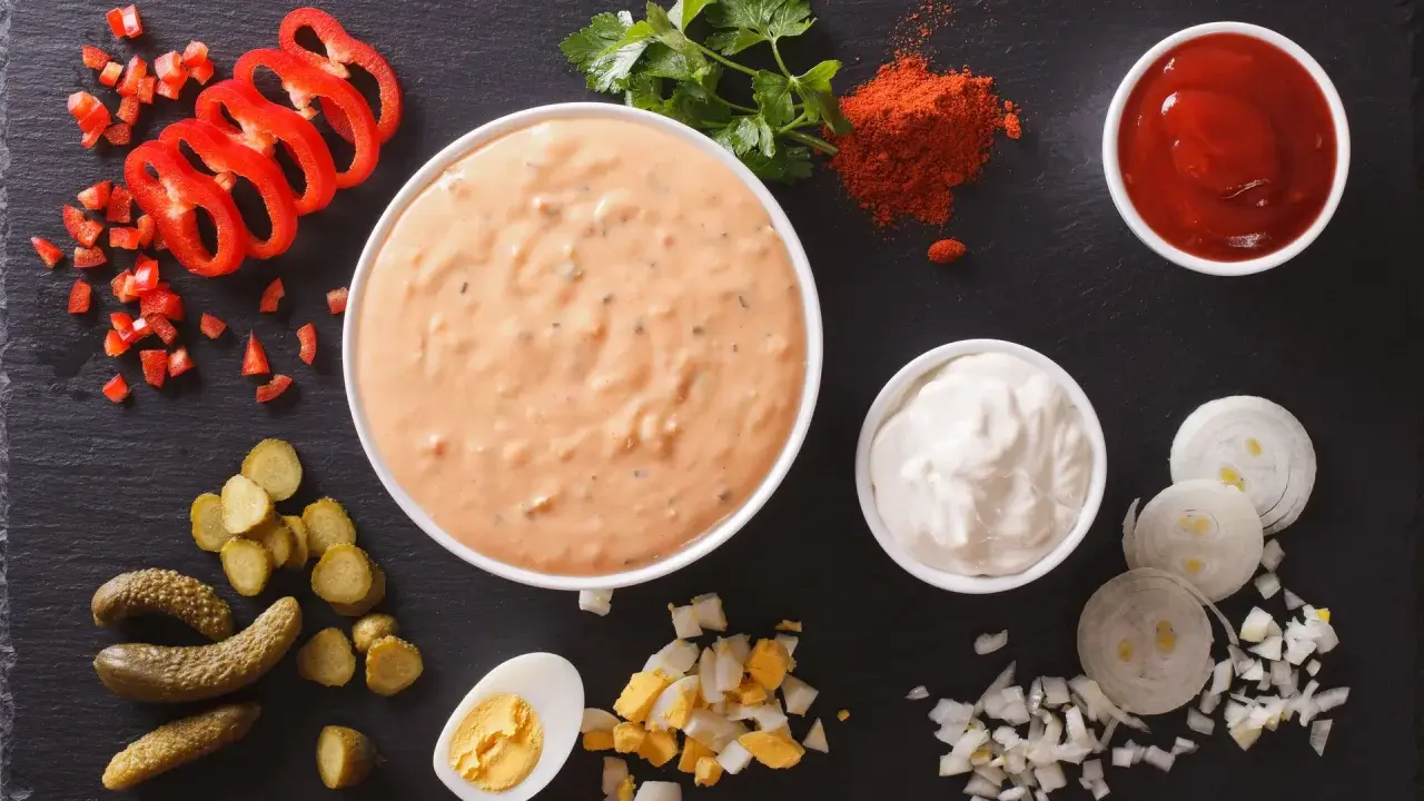 Składniki do sosu tysiąca wysp: majonez, ketchup, papryka, ogórki, jajko, cebula, natka.