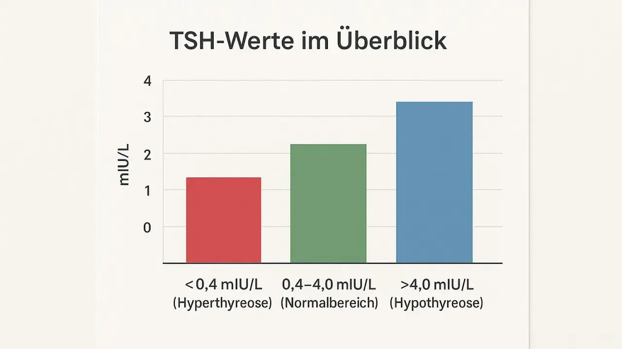 Balkendiagramm zeigt TSH-Werte im Überblick für Frauen: <0,4 (Hyperthyreose), 0,4-4,0 (Normalbereich), >4,0 (Hypothyreose).