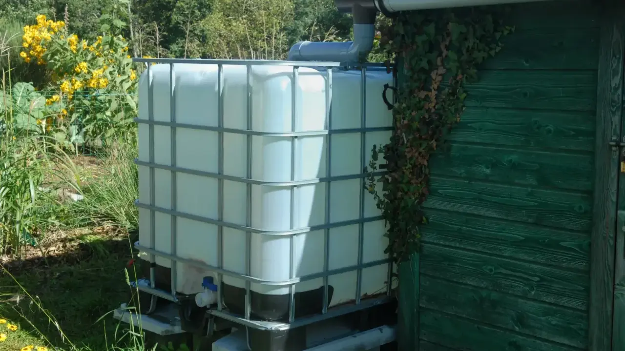 Installation récupérateur eau de pluie : un grand réservoir blanc relié à une gouttière, à côté d'une cabane verte envahie par le lierre.