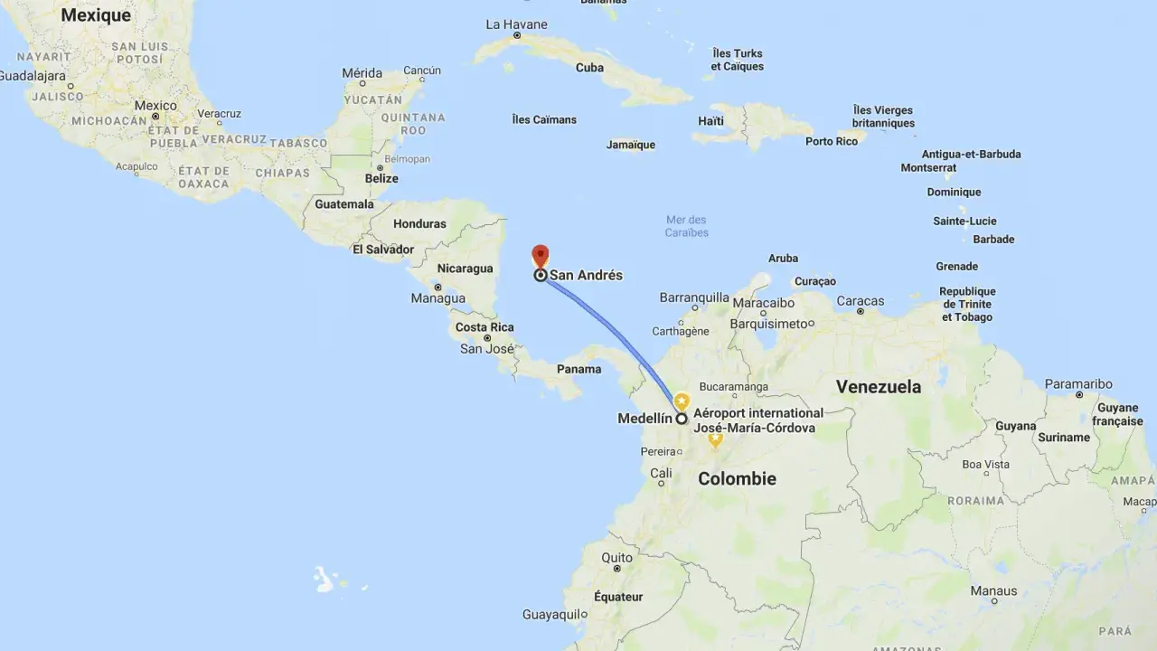 Trasa lotu z Medellín do San Andrés na mapie Ameryki Środkowej i Południowej.