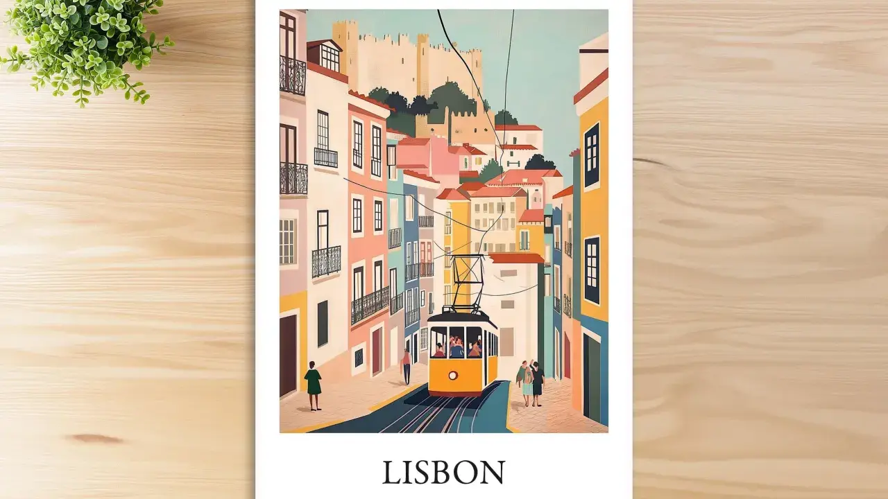 Bunte Häuserfassaden und eine gelbe Straßenbahn in Lissabon, einem Wahrzeichen Portugals. Oben thront die Burg São Jorge.