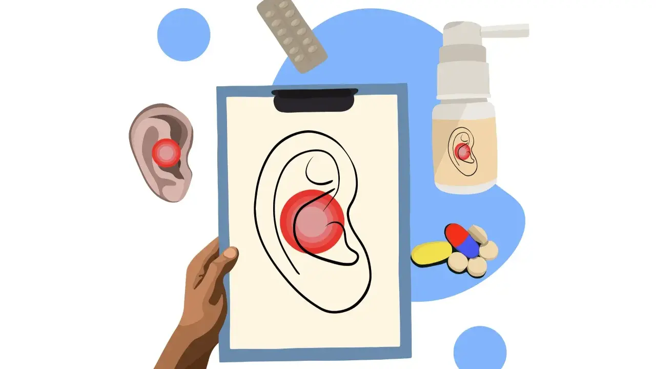Ilustracja przedstawia sposoby na ból ucha: spray, tabletki i plaster.