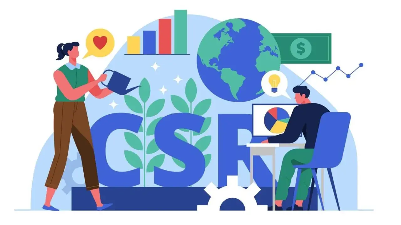 Kobieta podlewa rośliny, symbolizując troskę o przyszłość. Obok mężczyzna analizuje dane na komputerze. To ilustracja pokazująca, czym jest CSR – odpowiedzialność społeczna biznesu.
