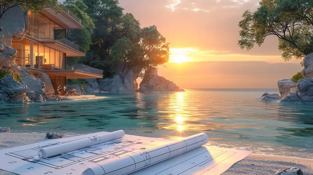 Plans d'une villa moderne sur la plage, respectant la loi littoral distance, avec une vue sur la mer au coucher du soleil.