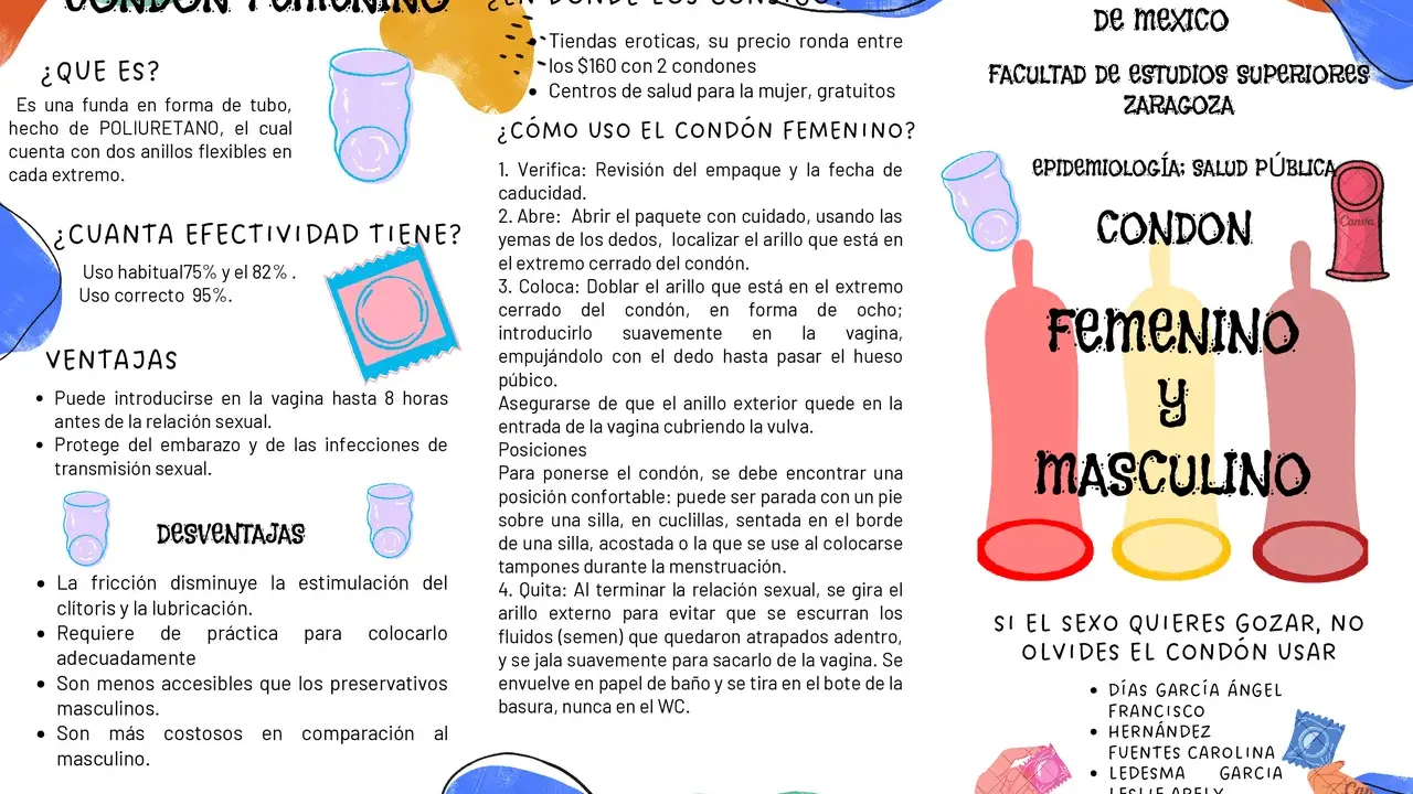 Folleto informativo sobre el condón femenino, explicando qué es, su efectividad, ventajas, desventajas y cómo usarlo.