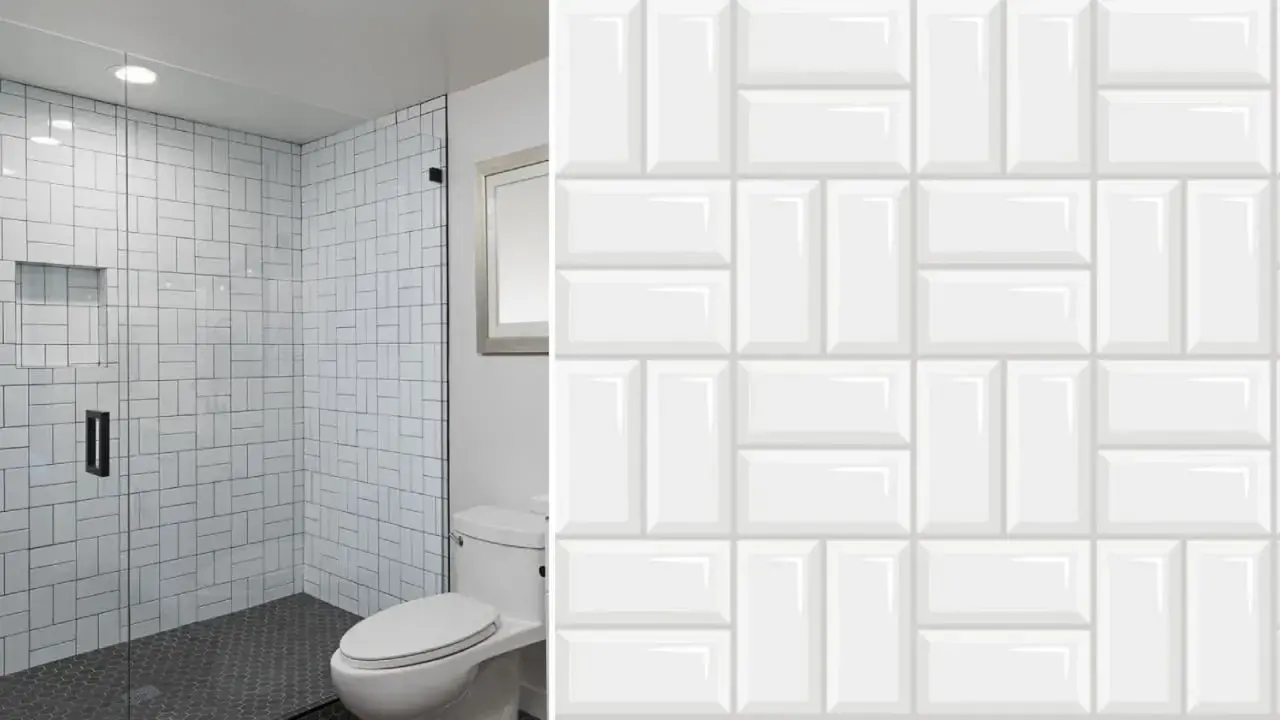 Modern bathroom with shower and toilet, showcasing creative formas de colocar azulejos rectangulares grandes en un patrón de espiga y ladrillo.