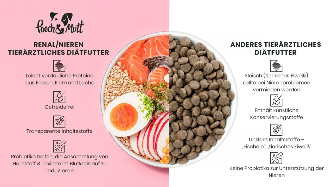 Vergleich von Nierendiätfutter: Dieses Futter mit Lachs, Ei & Erbsen ist getreidefrei. Anderes Futter meidet Fleisch, welches Fleisch bei Niereninsuffizienz?