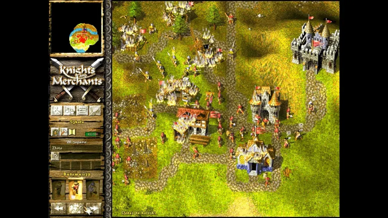 Gra Knights and Merchants: rycerze i kupcy budują zamki, walczą i handlują na zielonych wzgórzach.