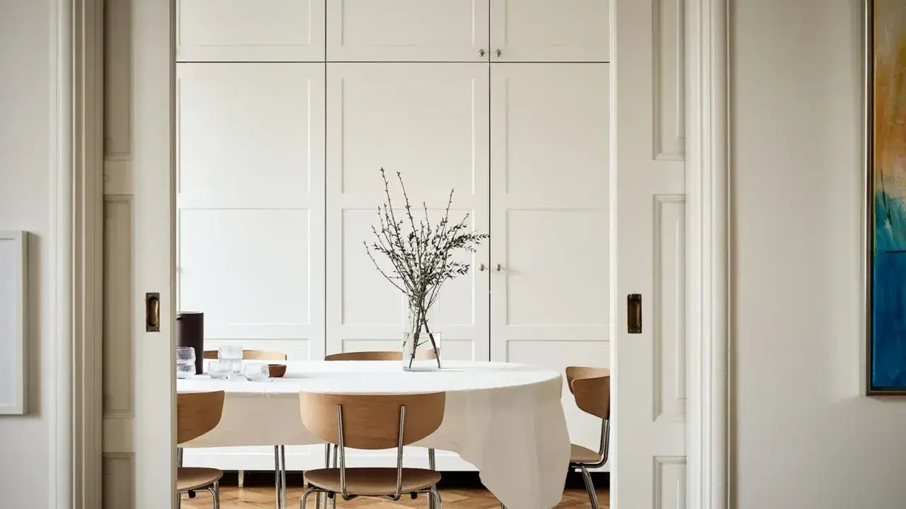 Comedor con mesa cubierta, sillas de madera y una pared en blanco RAL 9010. Un jarrón con ramas decora la mesa.
