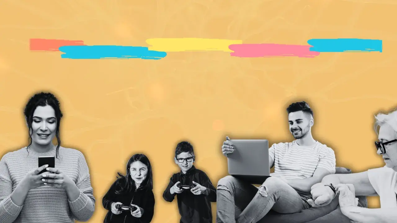 Famille connectée, des enfants aux aînés, explorant les effets des écrans sur le cerveau adulte.