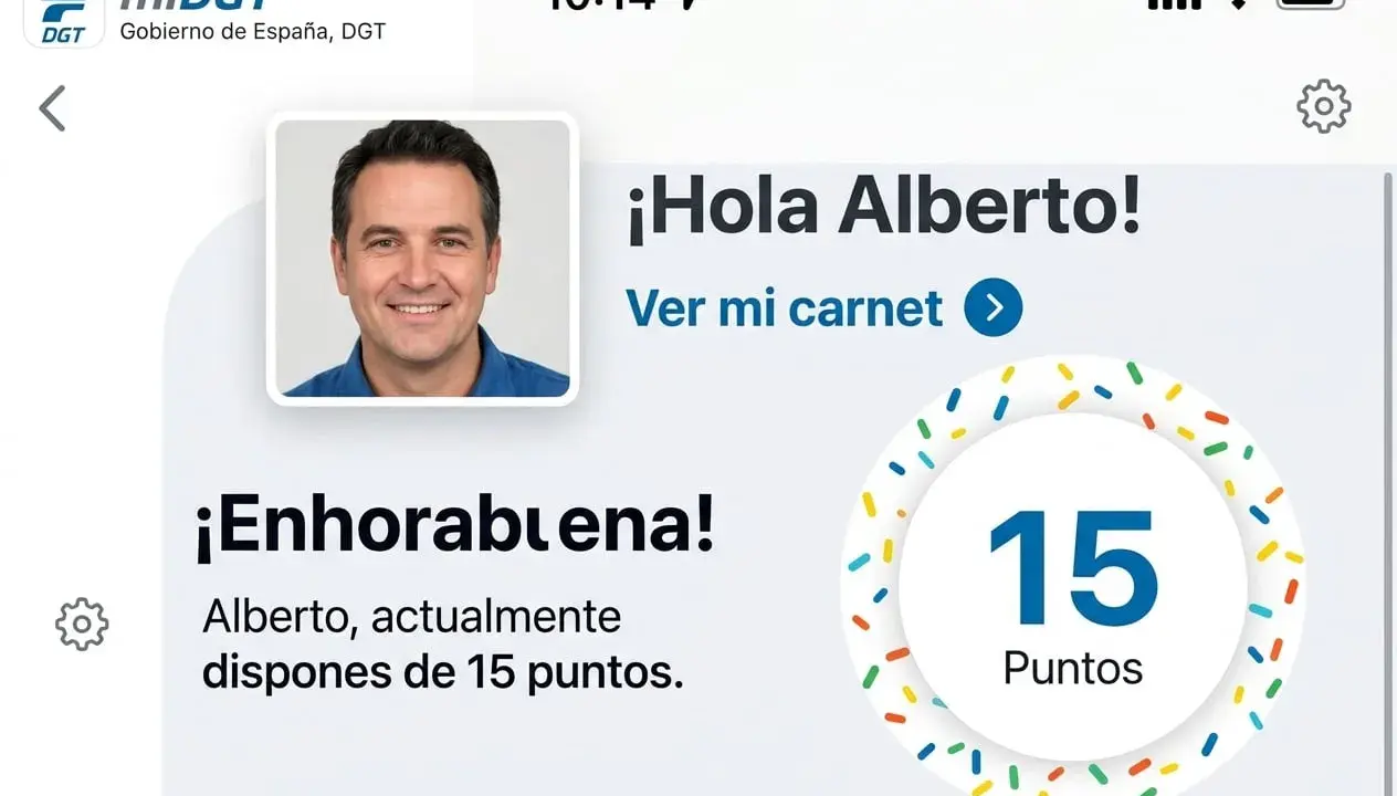 Pantalla de la app miDGT. Muestra el perfil de Alberto, su carnet con 15 puntos y la información sobre el precio del carnet de conducir B.