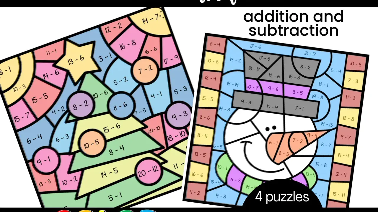 Addizioni e sottrazioni disegni da colorare con operazioni matematiche. Un albero di Natale e un pupazzo di neve composti da sezioni numerate per esercitarsi con i calcoli.