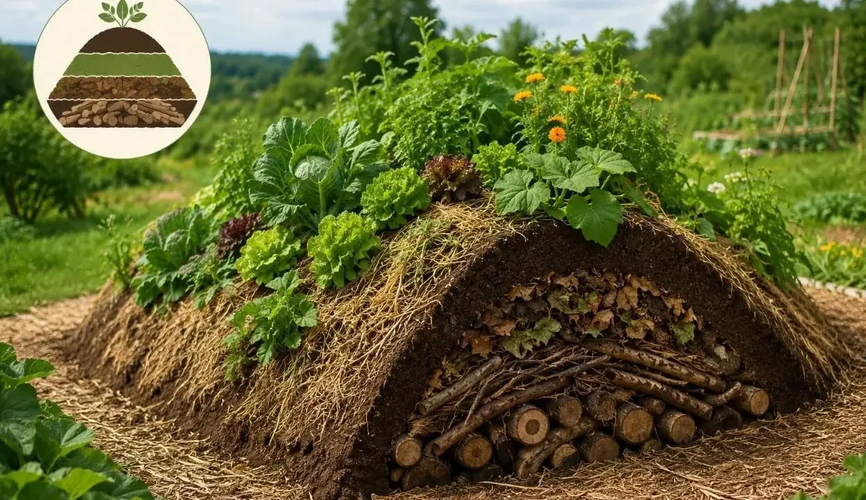 Hügelkultur : permaculture pour les nuls. Un monticule de terre et de bois, couvert de légumes variés, illustre les couches d'un jardin durable.