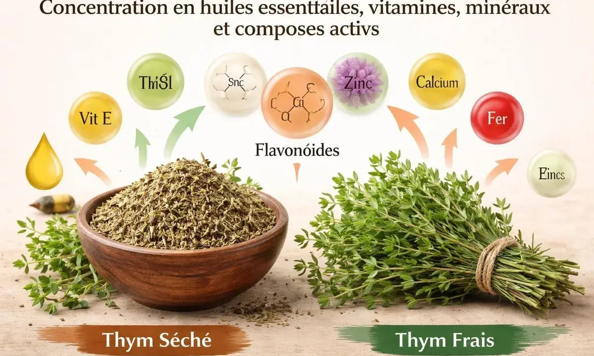 Tisane de thym : le thym frais et séché regorgent de vitamines, minéraux et flavonoïdes, essentiels pour la santé.
