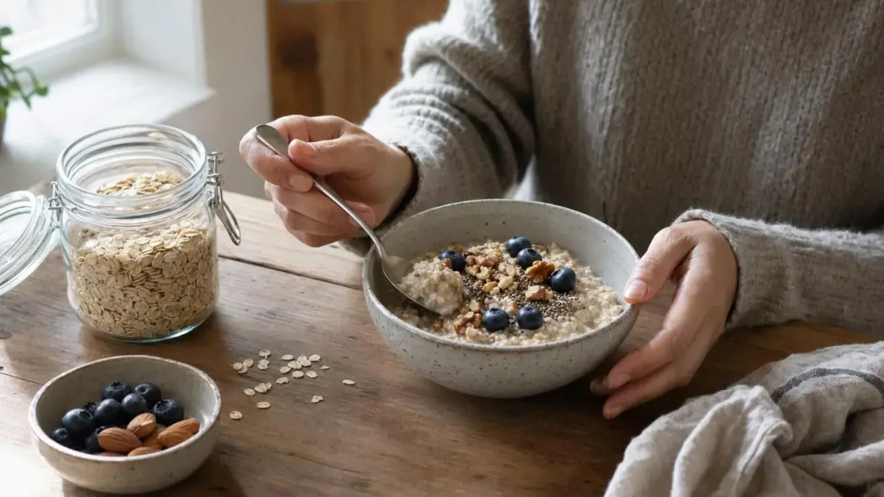 Persona che gusta una ciotola di fiocchi d'avena con mirtilli e noci. Un barattolo di fiocchi d'avena è visibile. Ecco come mangiare i fiocchi d'avena per una colazione sana.
