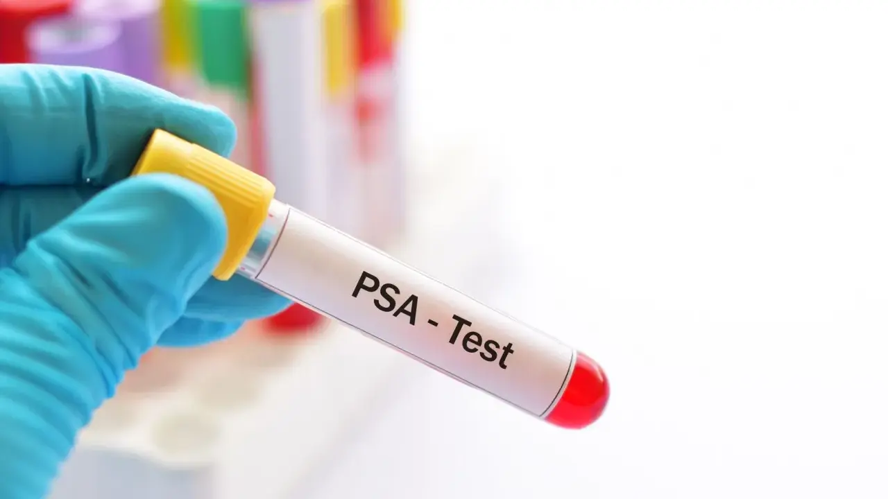 Ręka w niebieskiej rękawiczce trzyma probówkę z napisem "PSA - Test". Wynik badania psa 0.65 ng/ml.