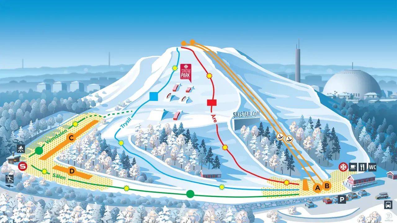 Karta över skidområden i Sverige med pister märkta Vemdalen, Sälen, Trysil och Åre. En snöpark finns på toppen.