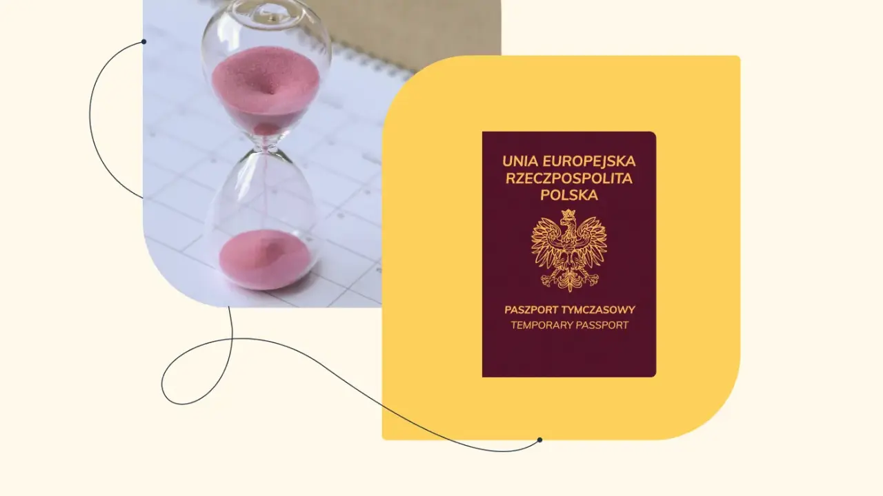 Klepsydra i paszport tymczasowy na tle kalendarza symbolizują upływający czas i potrzebę pilnego dokumentu.