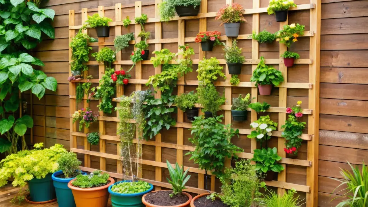 Un hermoso jardín vertical DIY con muchas plantas verdes y flores rojas y amarillas en macetas de colores, colgadas en una estructura de madera.