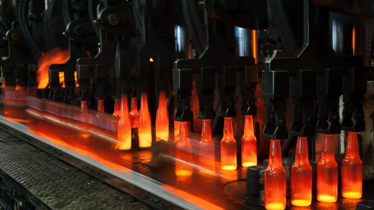 Botellas de vidrio al rojo vivo en una línea de producción, un proceso que nos recuerda quién inventó el cristal y cómo ha evolucionado.