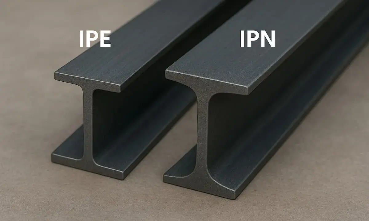 Dos perfiles de acero, IPE e IPN, muestran la diferencia entre viga IPE y IPN.