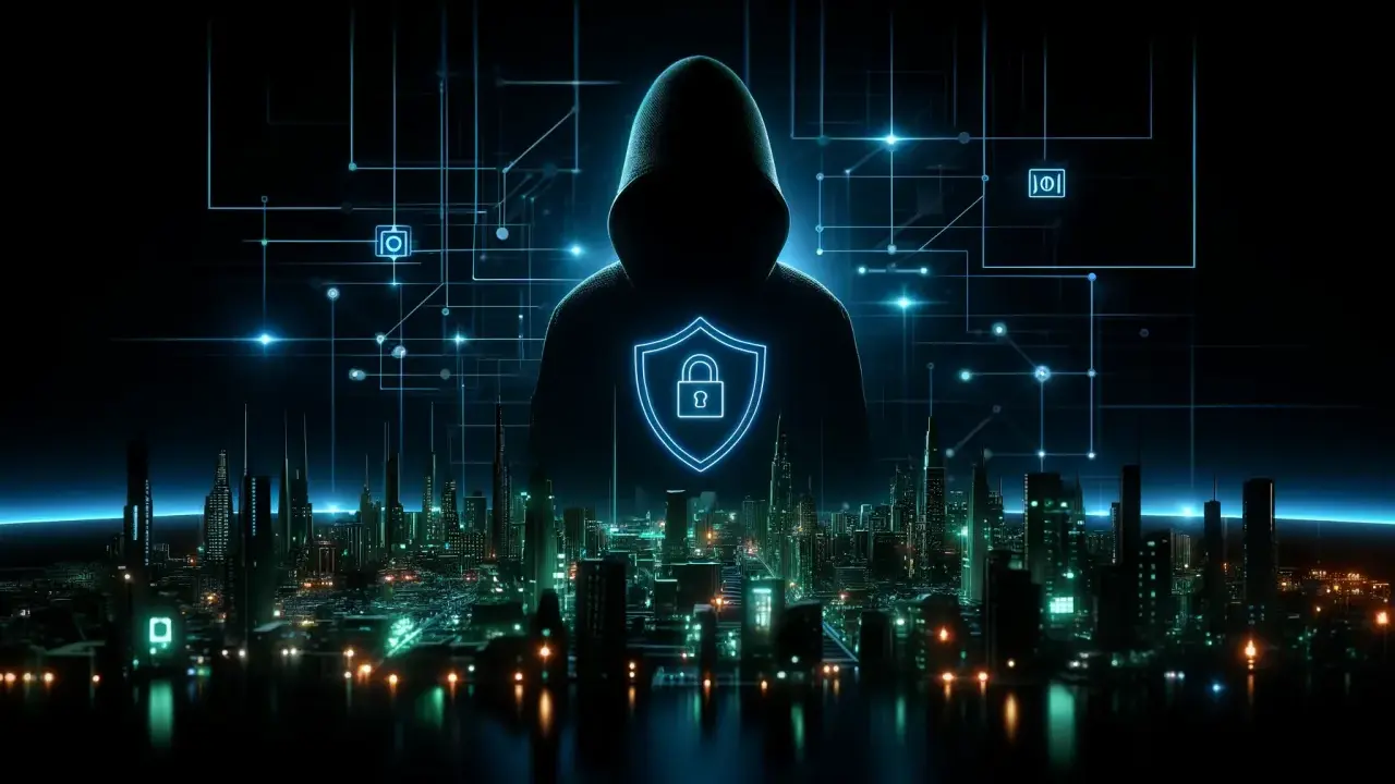 Silhouettenfigur mit Kapuze und einem Schild mit Schloss-Symbol, über einer futuristischen Stadt. Das Bild illustriert, was sind Hacker und die digitale Welt.