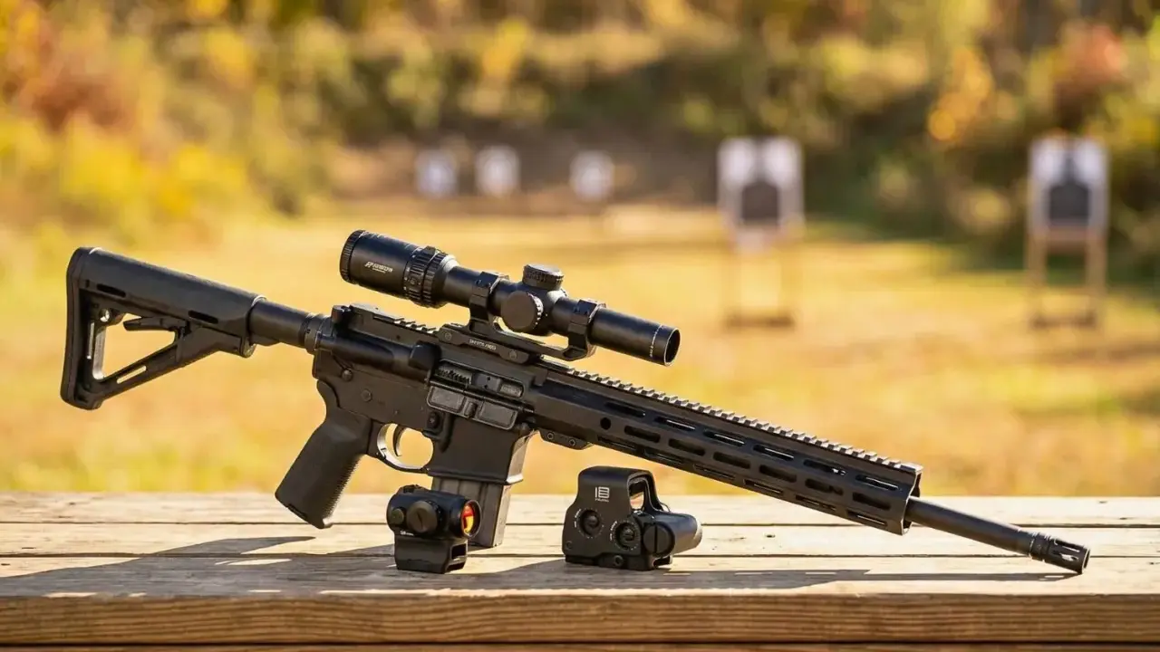 Karabin AR-15 z lunetą i dwoma kolimatorami na drewnianym stole, w tle cele strzeleckie.