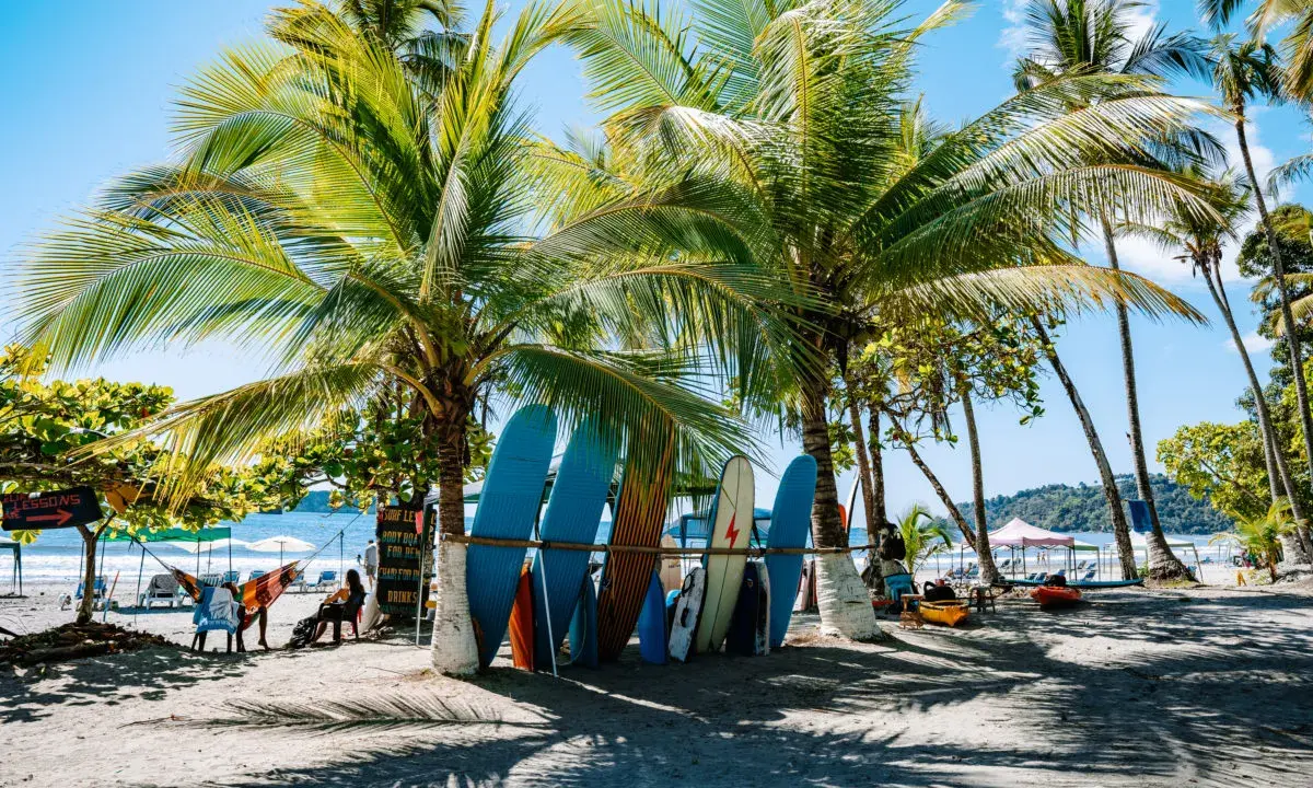 Palmy, deski surfingowe i plaża w Kostaryce.