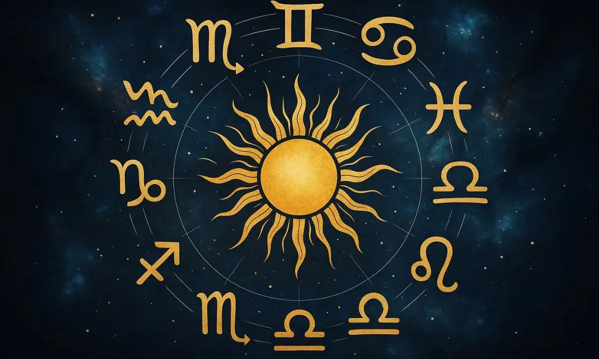 Złoty horoskop tygodniowy baran miłosny. Słońce w centrum, otoczone znakami zodiaku na tle kosmosu.