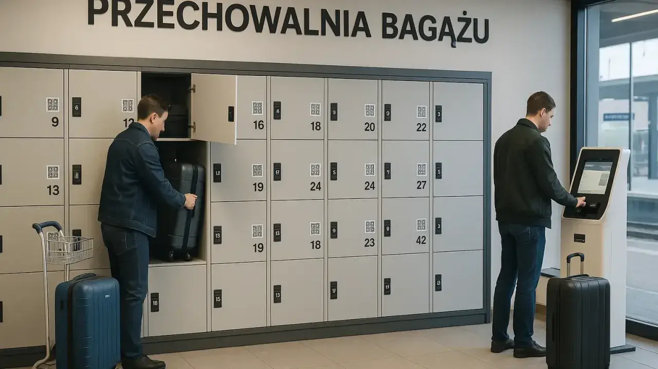 Nowoczesna przechowalnia bagażu Katowice PKP. Mężczyzna chowa walizkę do szafki, inny korzysta z terminala.