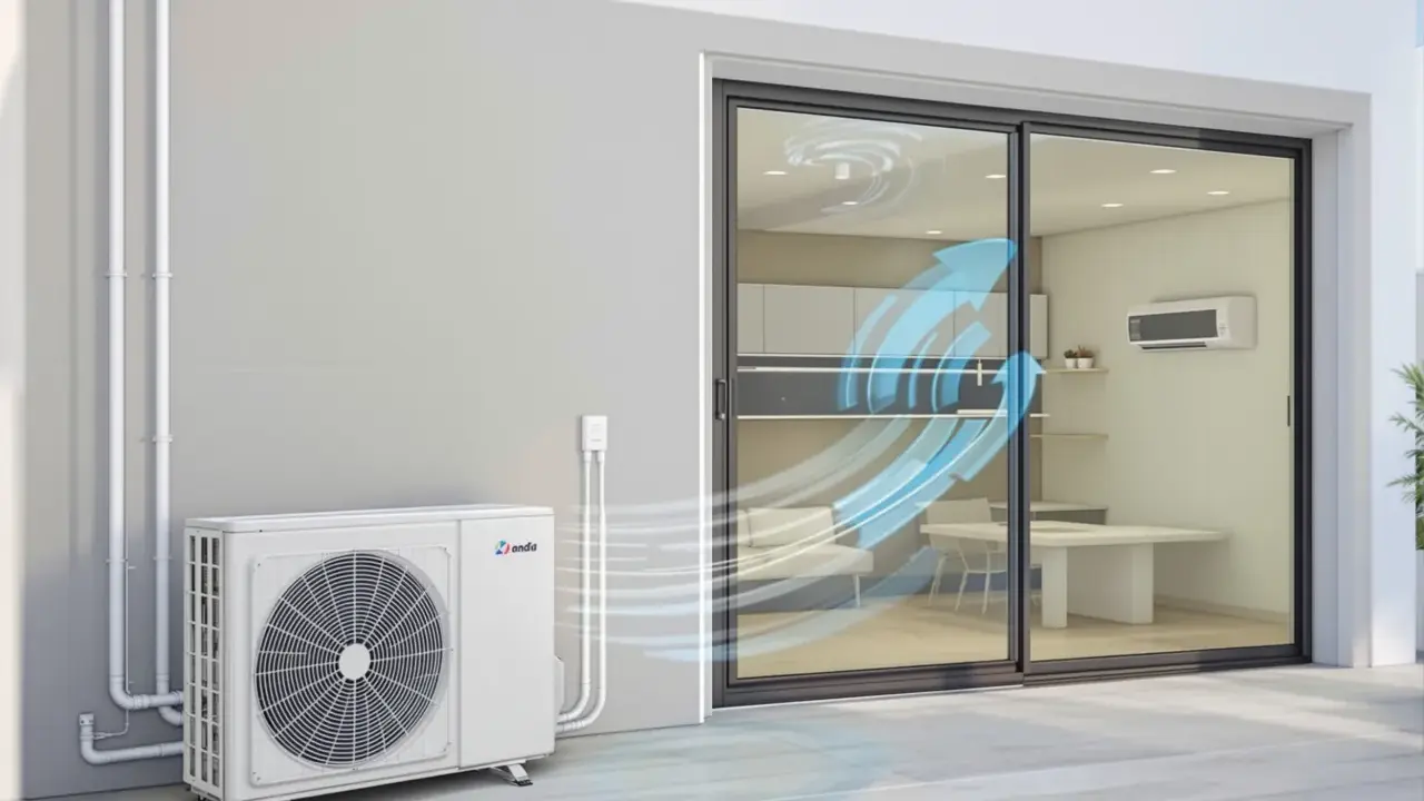 Unité extérieure d'un climatiseur, avec des flèches bleues symbolisant le flux d'air entrant dans une maison. Idéal pour gérer la température clim hiver.