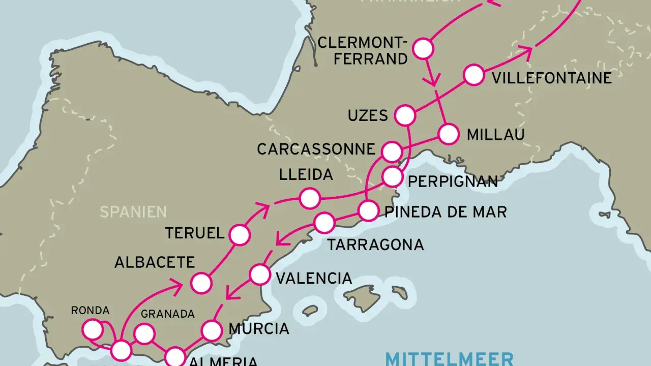 Karte zeigt eine Route für Motorradtouren Spanien, von Freiburg über Frankreich nach Spanien, mit Stopps in Valencia, Murcia und Almeria.