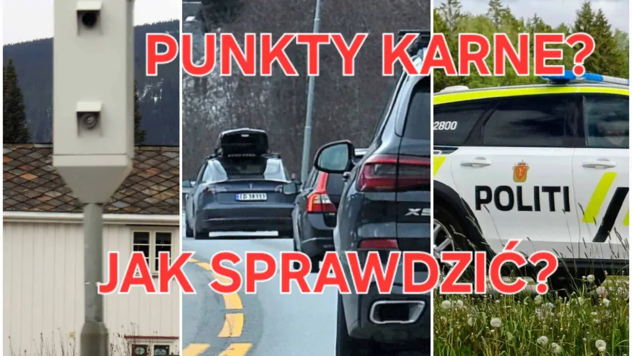 Trzy panele: fotoradar, samochody na drodze, radiowóz policyjny. Czerwony napis: "Punkty karne? Jak sprawdzić?".