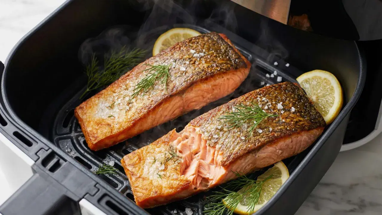 Zwei saftige Lachsfilets mit knuspriger Haut, garniert mit Dill und Zitrone, dampfen im Airfryer.