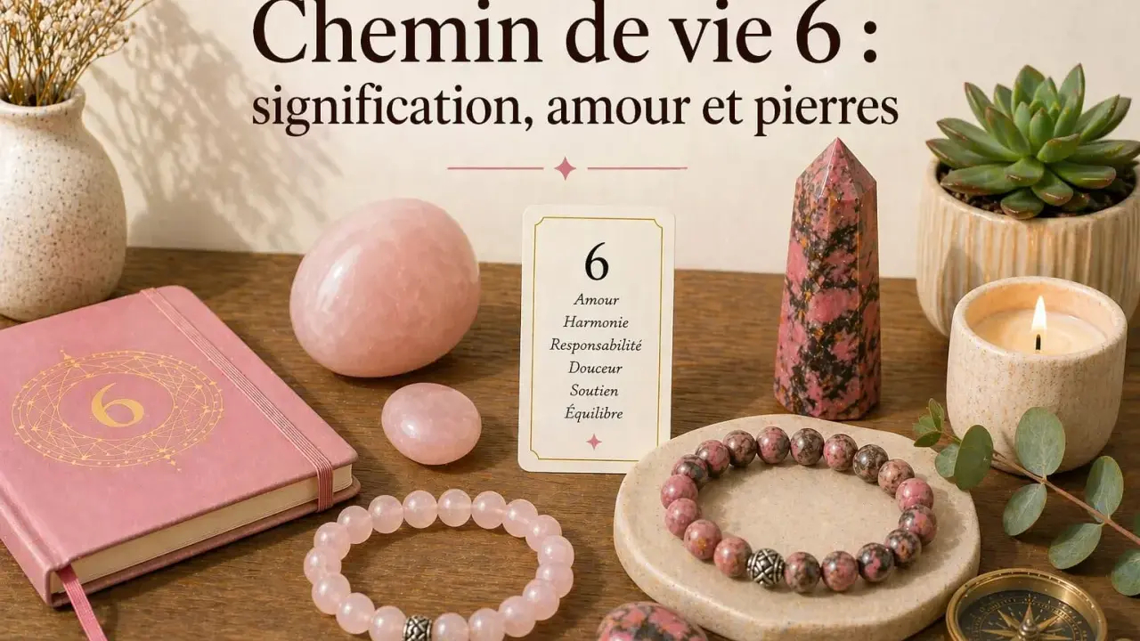 Ambiance zen avec des pierres roses, un carnet et une carte "Chemin de vie 6". La symbolique du 6 est explorée à travers l'amour, l'harmonie et le soutien.