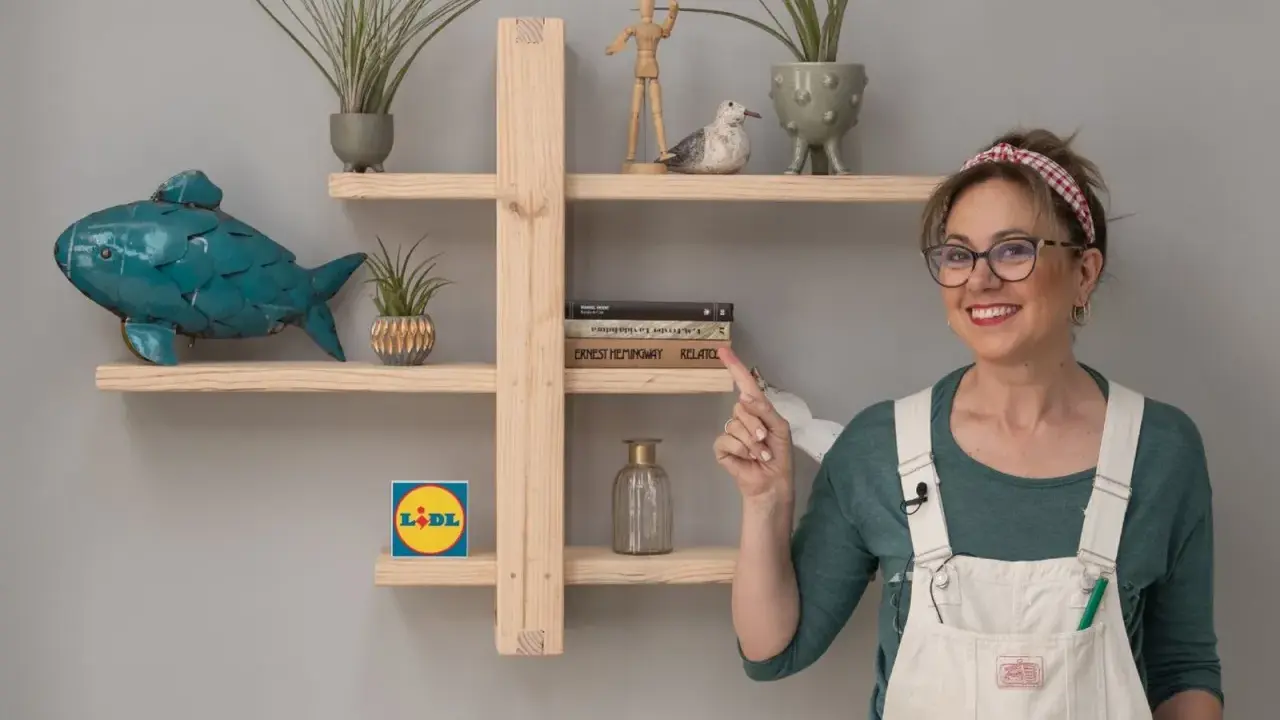 Una mujer sonriente muestra una estantería de madera, decorada con plantas, un pez azul y libros. Ideal para aprender como hacer una estantería de madera.