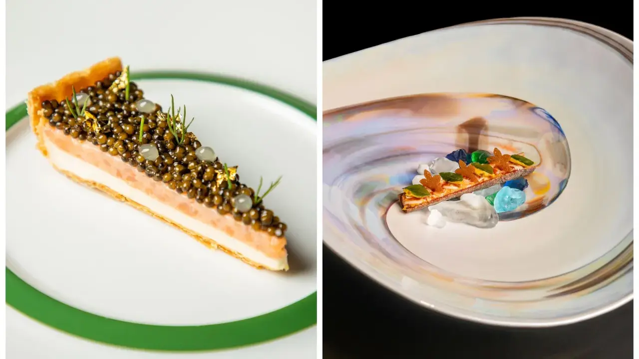 Dos postres de alta cocina, uno con caviar y salmón, otro con cristales de colores. ¿Cuántas estrellas Michelin se pueden tener con tanta exquisitez?