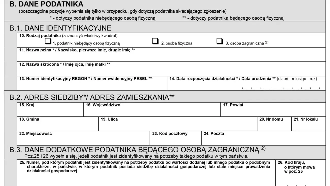 Formularz podatkowy z sekcjami B.1, B.2 i B.3, zawierający dane identyfikacyjne, adresowe i dodatkowe podatnika, w tym pole na numer identyfikacyjny REGON lub PESEL, istotne dla rozliczeń vat.