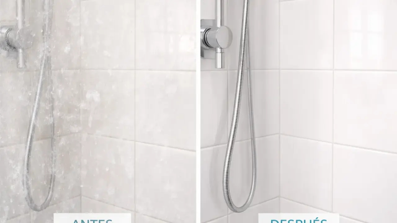 Comparativa de azulejos de baño: antes con cal incrustada y después, limpios y brillantes. Aprende como quitar la cal de los azulejos del baño.