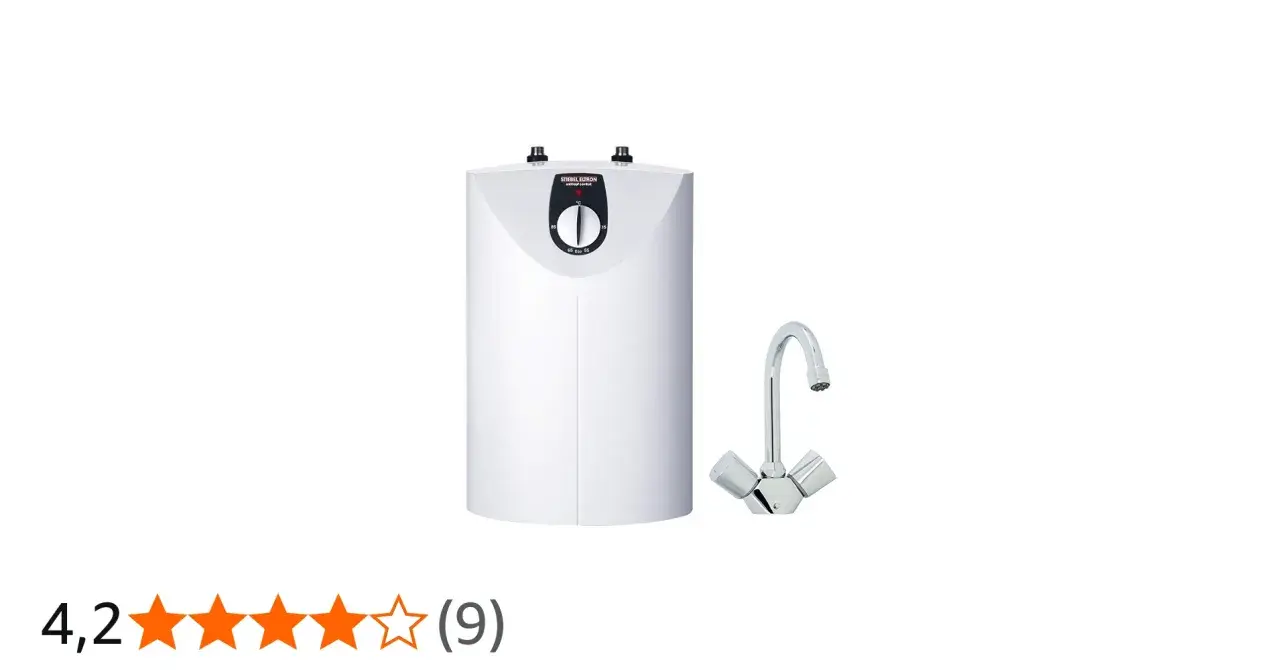 Kompakter Stiebel Eltron SNU 5 SL Warmwasserbereiter mit Armatur. Ideal für kleine Haushalte, liefert schnell warmes Wasser.